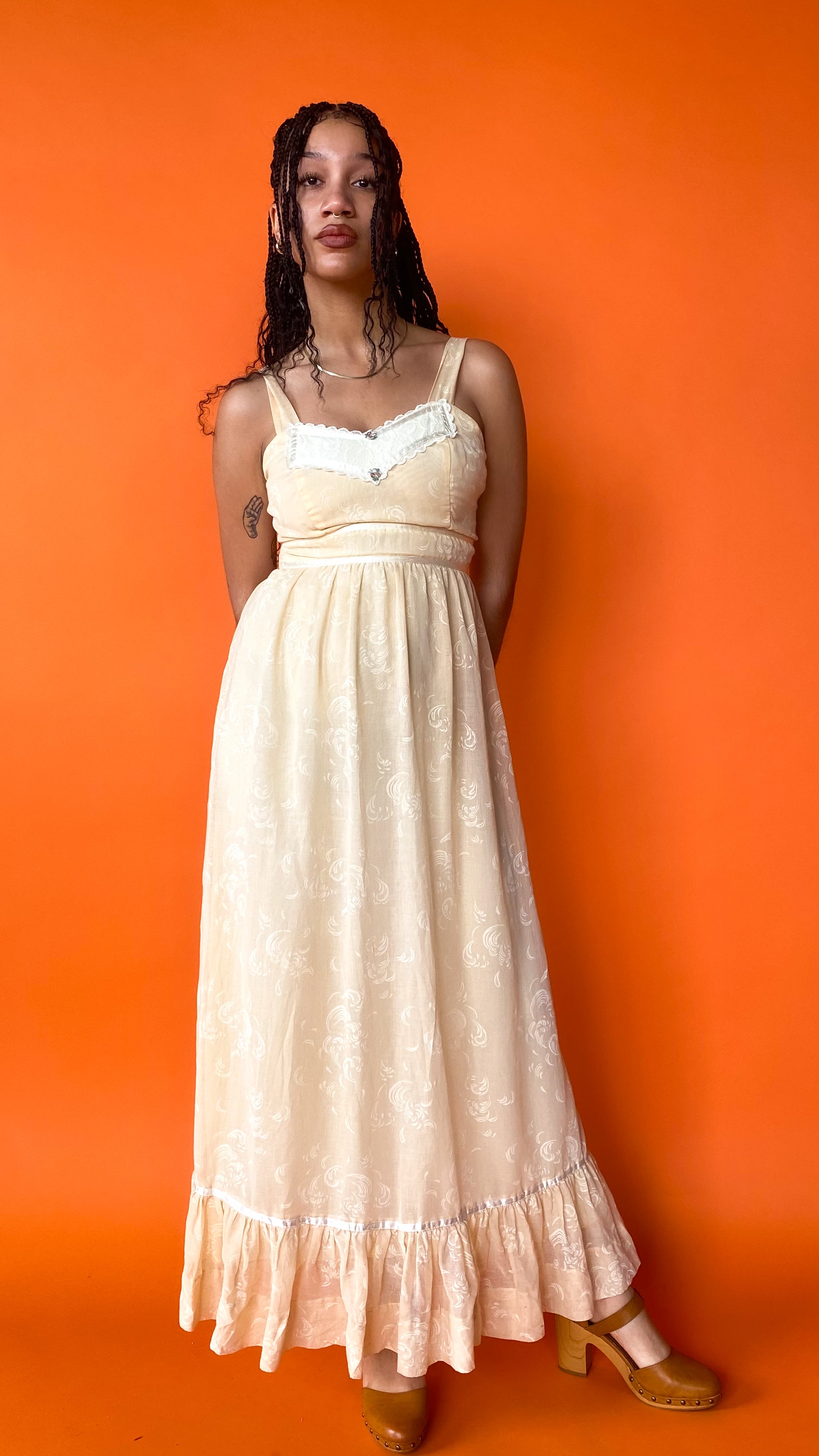 1970s Cotton Prairie Beige Lacy Rose Maxi Dress, sz. S 1970s Cotton Prairie Beige Lacy Rose Maxi Dress, sz. S