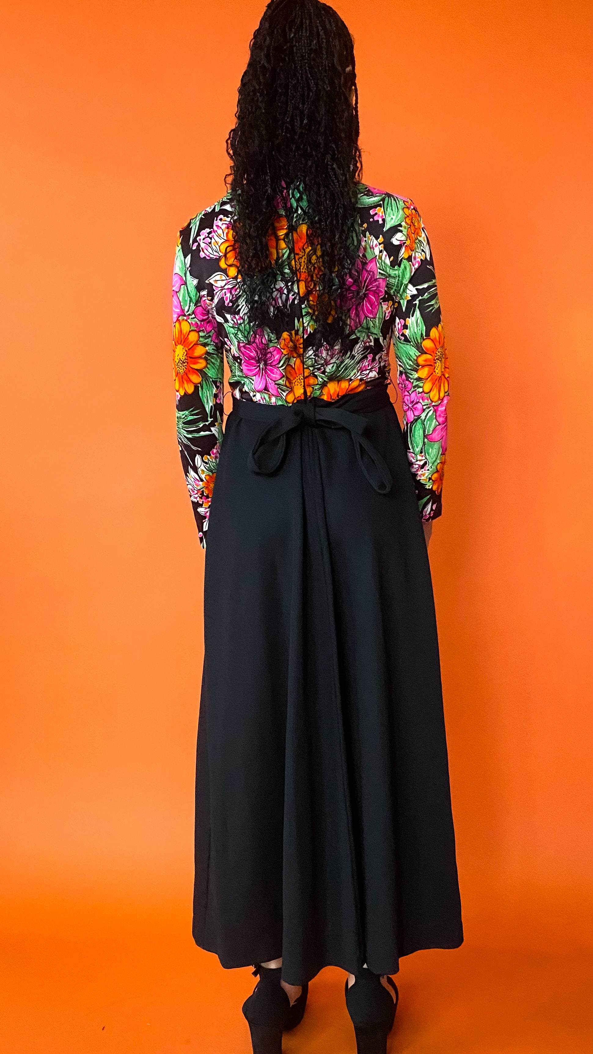 Vintage 1970s online BLACK FLORAL Boho Maxi Dress