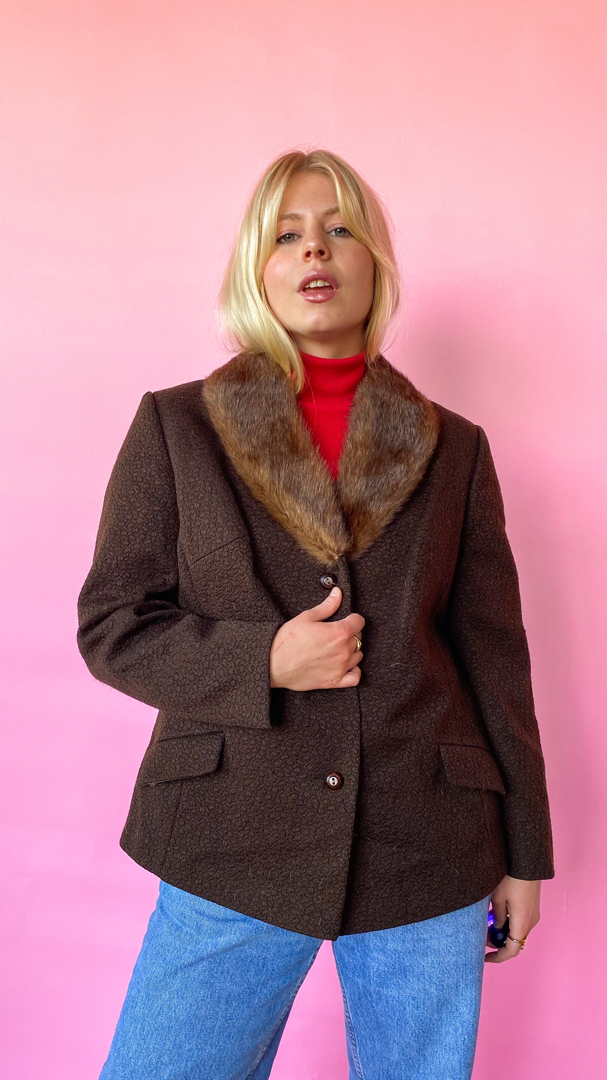 Selling Vintage Chocolate Wool Coat with Fur Trim