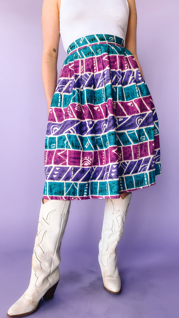 1980s Purple and Blue Block Print Skirt, sz. S