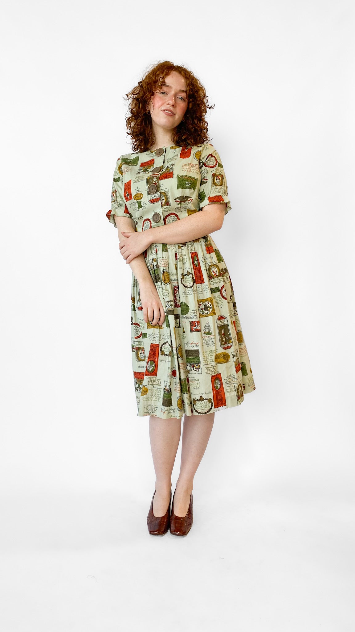 1950s Rare Novelty Logo Print Fit and Flare Dress Sz. S