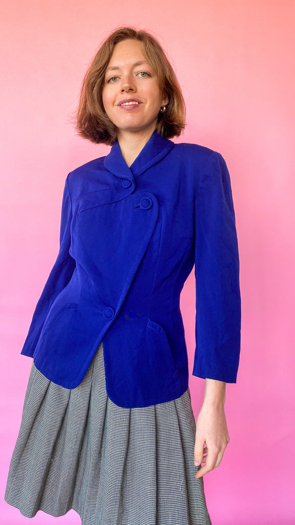 1940s Navy Blue Cross-front Fitted Jacket, sz. S