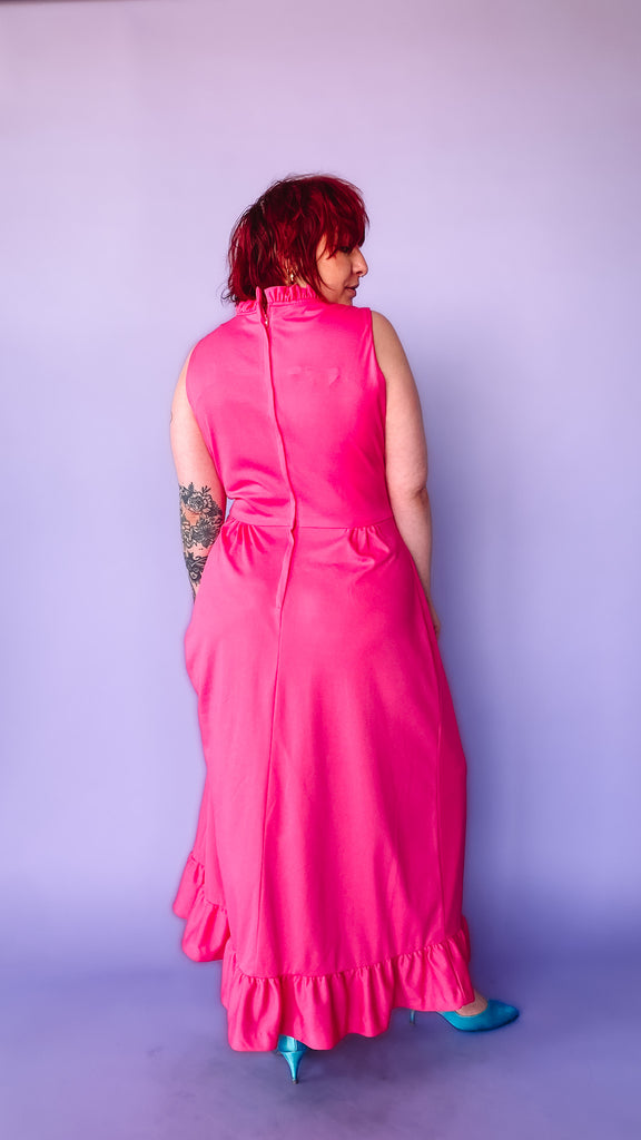 1970s Hot Pink Ruffled Maxi Dress, sz. L