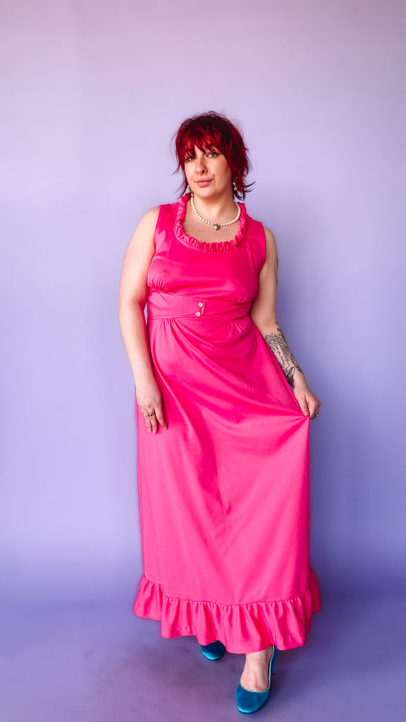 1970s Hot Pink Ruffled Maxi Dress, sz. L