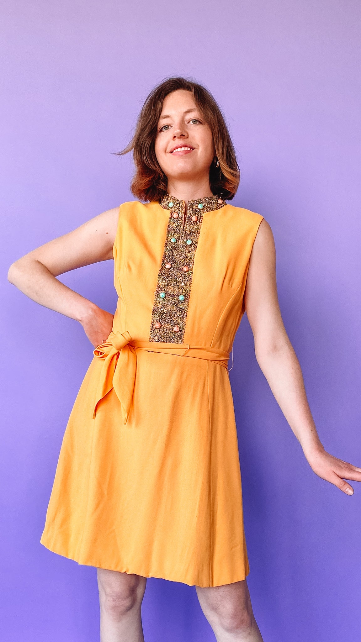 vintage flare dress 1960s Orange Fit and Dress, sz. S Dark Academia Flattering fit and flare Natural Linen Boho Dress, Finish:Blue