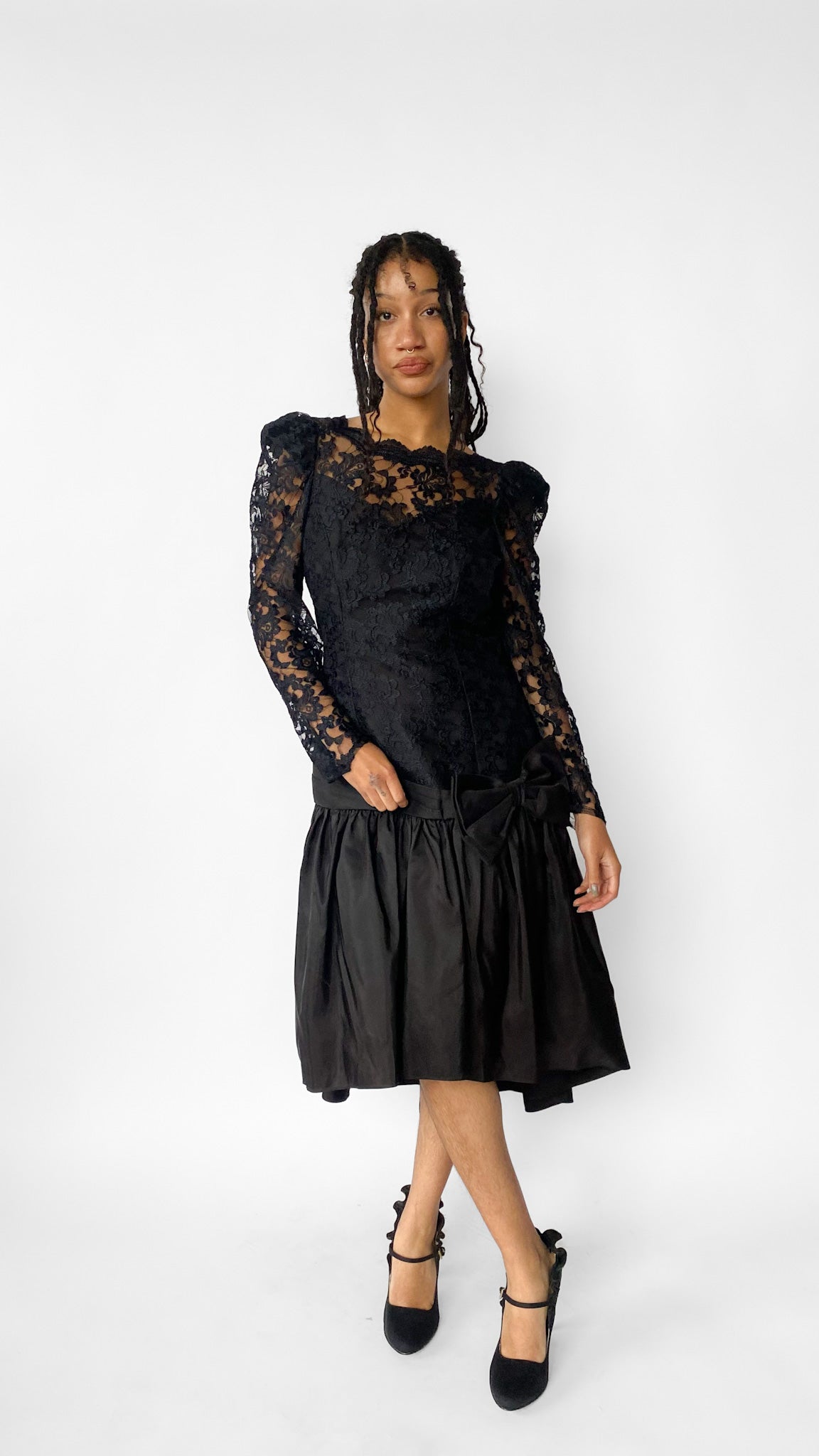 1980s Black Lace Dress with Bow, sz. M