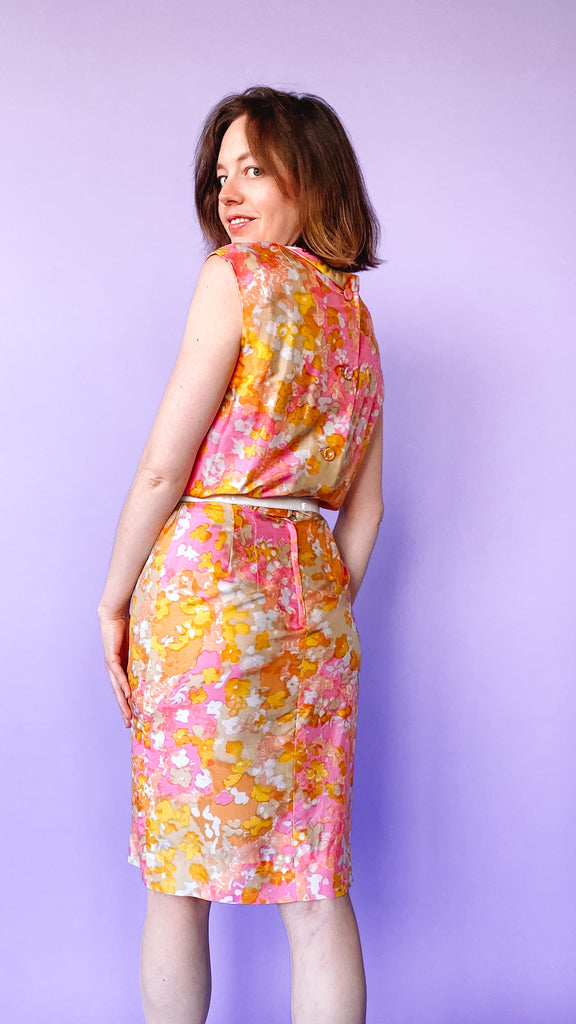1960s Pink and Yellow Abstract Floral Dress, sz. XS/S