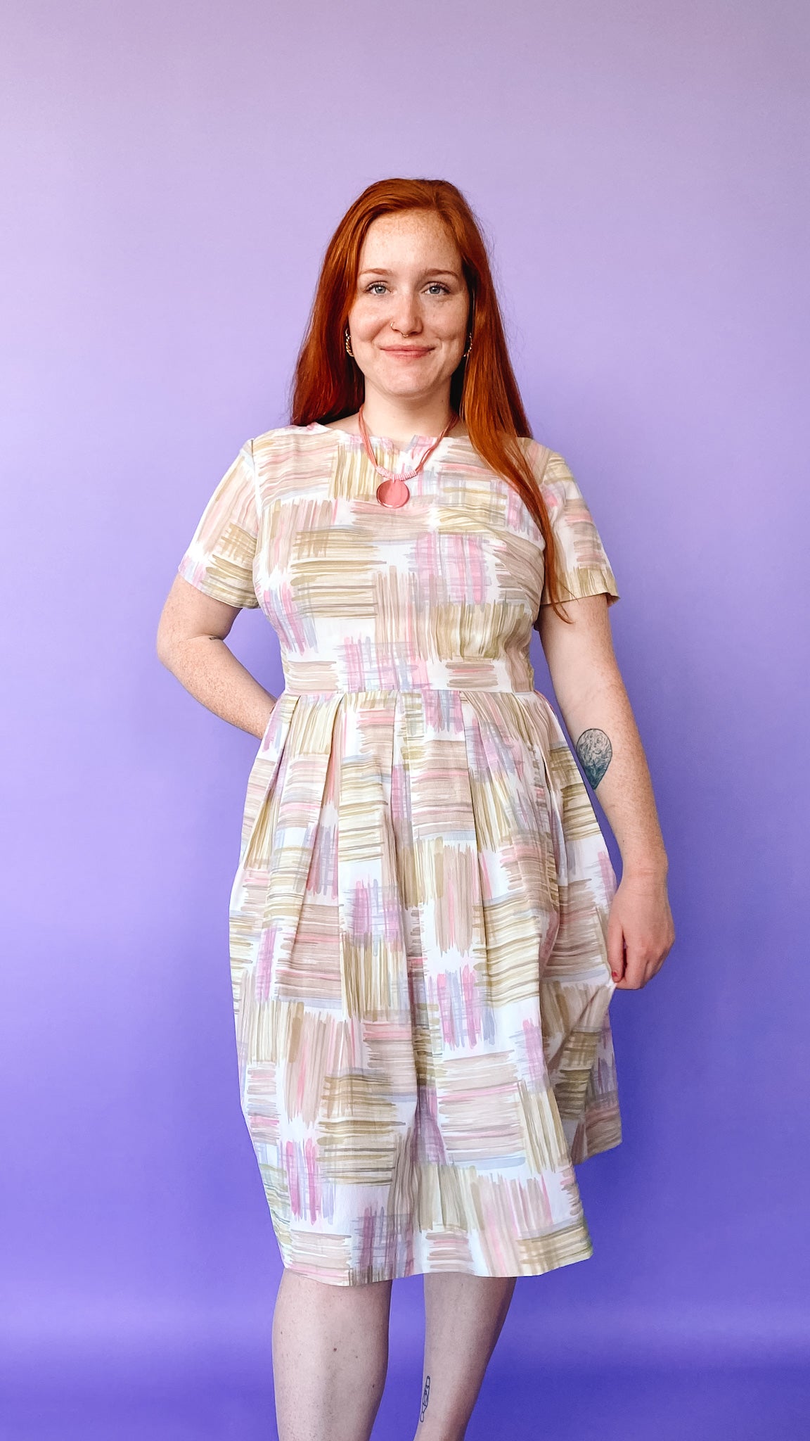 1950s Pink and Green Pleated Dress, sz. M 1950s Pink and Green Pleated Dress, sz. M