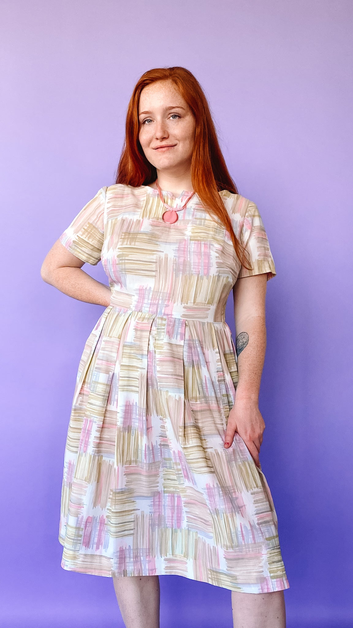 1950s Pink and Green Pleated Dress, sz. M 1950s Pink and Green Pleated Dress, sz. M
