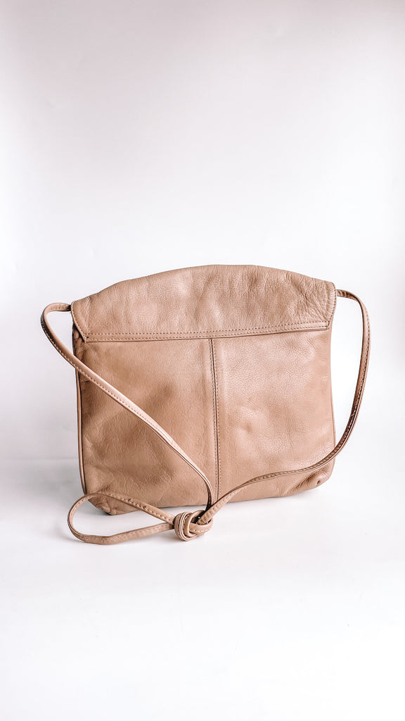 1980s Taupe Gathered Fold Over Leather Bag
