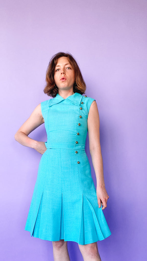 1960s Light Blue Pleated Dress, s. XS