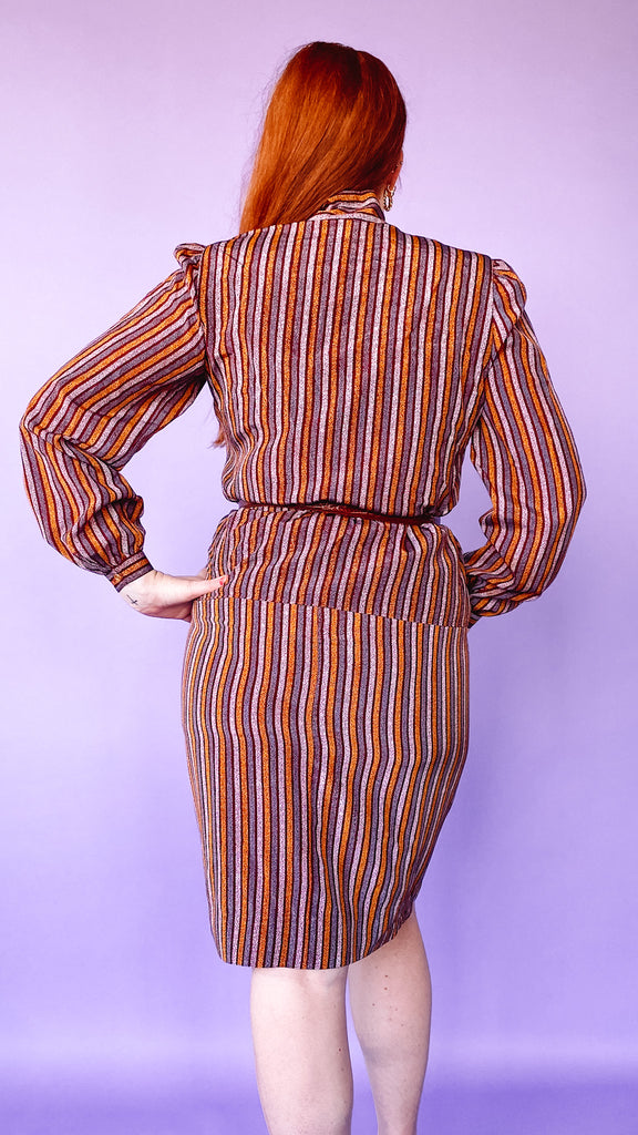 1980s Purple and Yellow Striped Skirt Set, sz. M