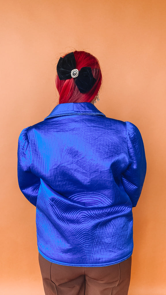 1980s Royal Blue Quilted Silk Blazer, sz. L