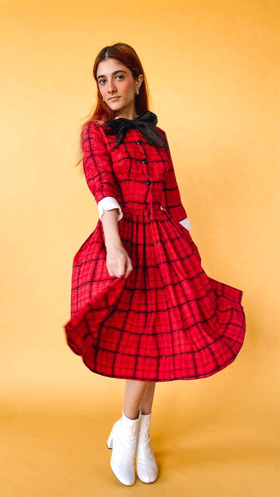 1960s Red Plaid Shirt Dress, sz. XS