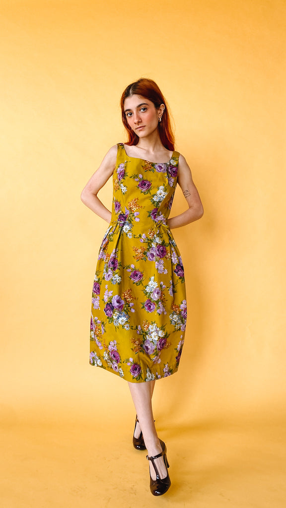 1960s Purple & Chartreuse Floral Day Dress, sz. XS