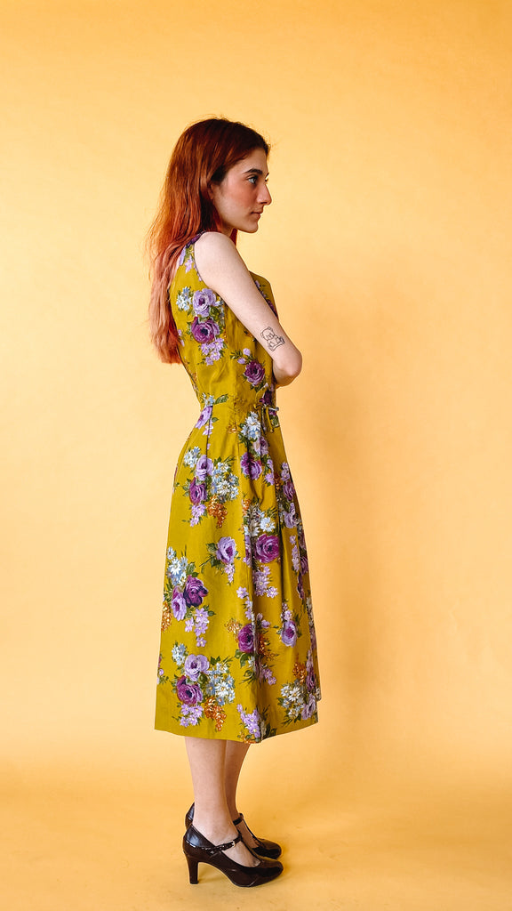 1960s Purple & Chartreuse Floral Day Dress, sz. XS