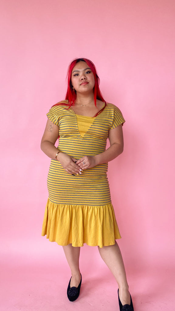 1980s Striped Yellow Ruffle Dress, sz. L