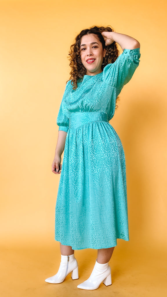 1980s Turquoise Textured Midi Dress, sz. M/L