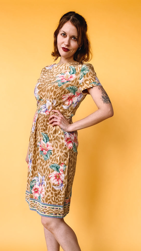 1990s Leopard & Floral Silk Dress, sz. S