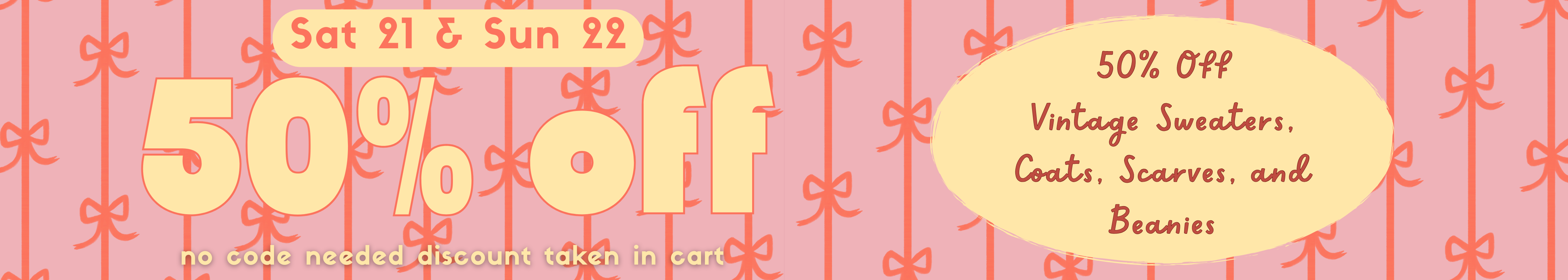 Promotional banner with 50% off vintage clothing and accessories on a patterned background.