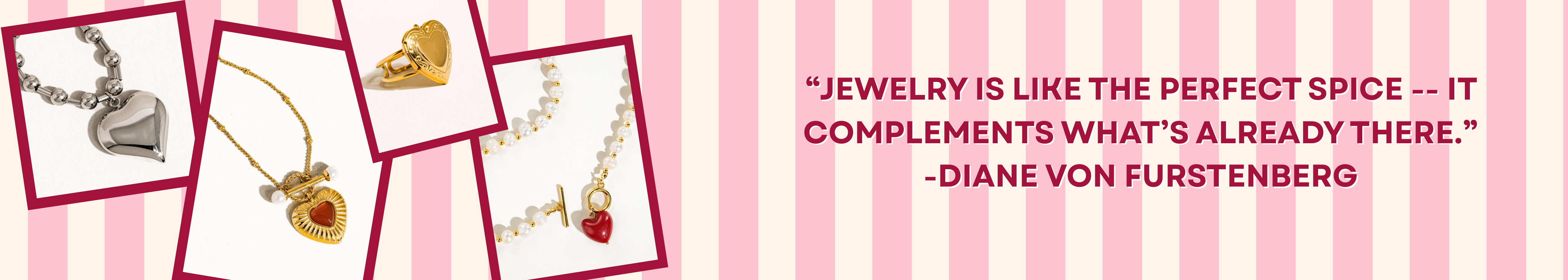 Jewelry display with necklaces on a pink background featuring a quote by Diane von Furstenberg.
