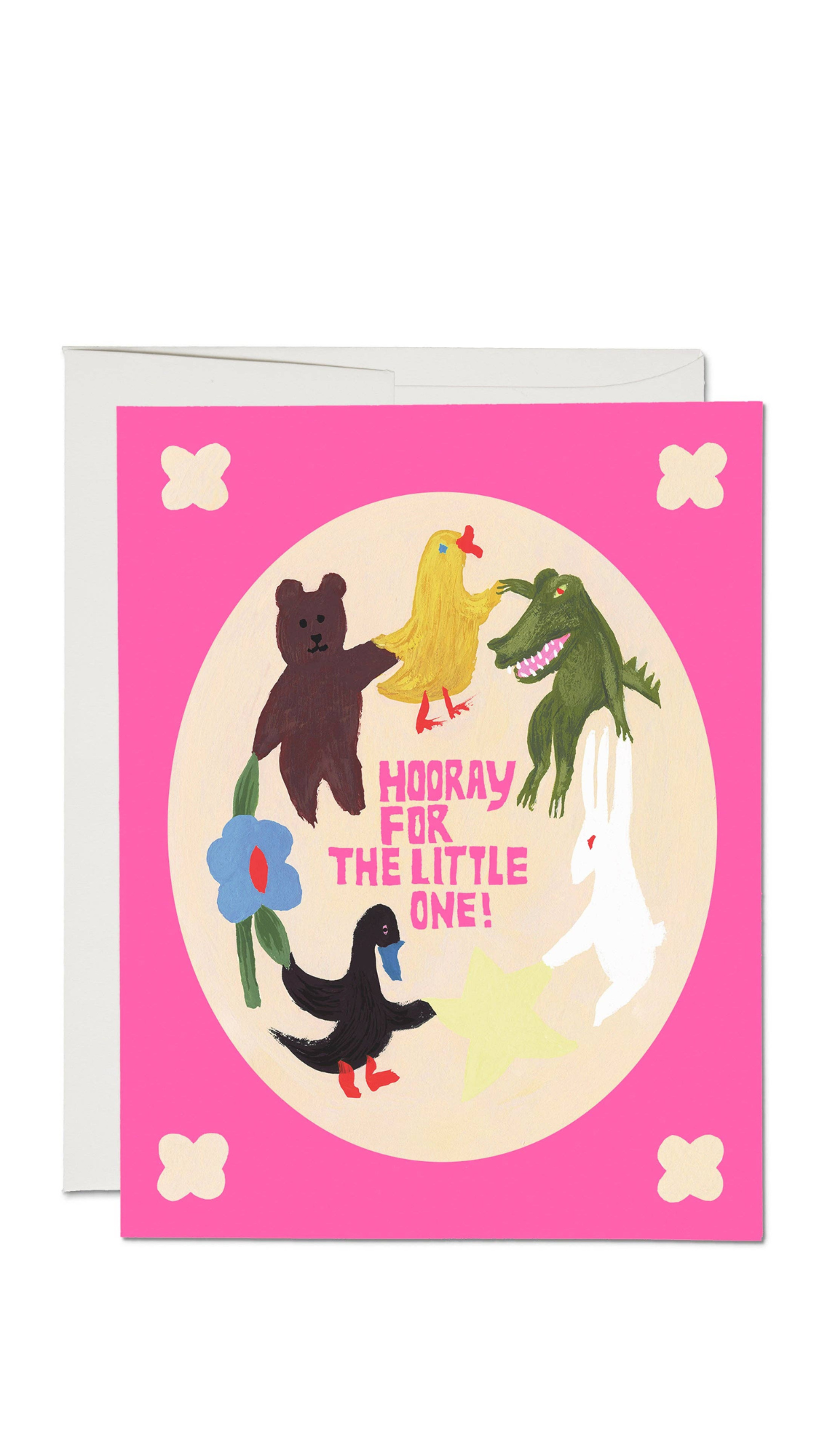 A pink greeting card with a white envelope behind it, featuring cartoon animals around a cream circle with the text 'HOODAY FOR THE LITTLE ONE!'.