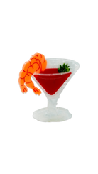 cocktail glass with red liquid and a shrimp garnish on a white background