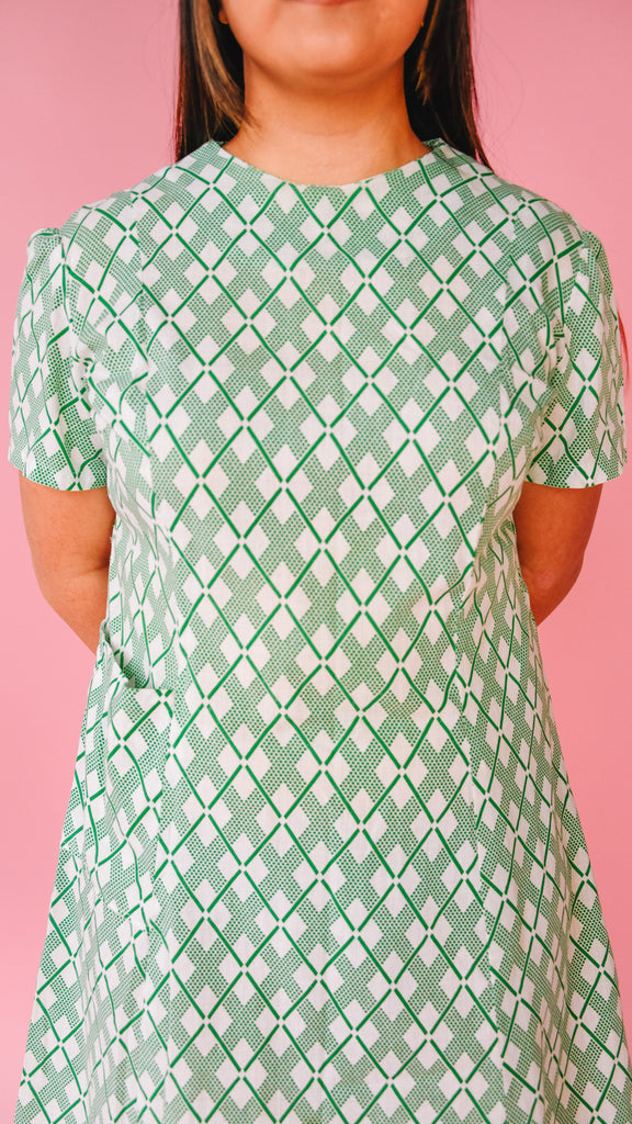 1970s Green and White Diamond Print Dress, sz. L