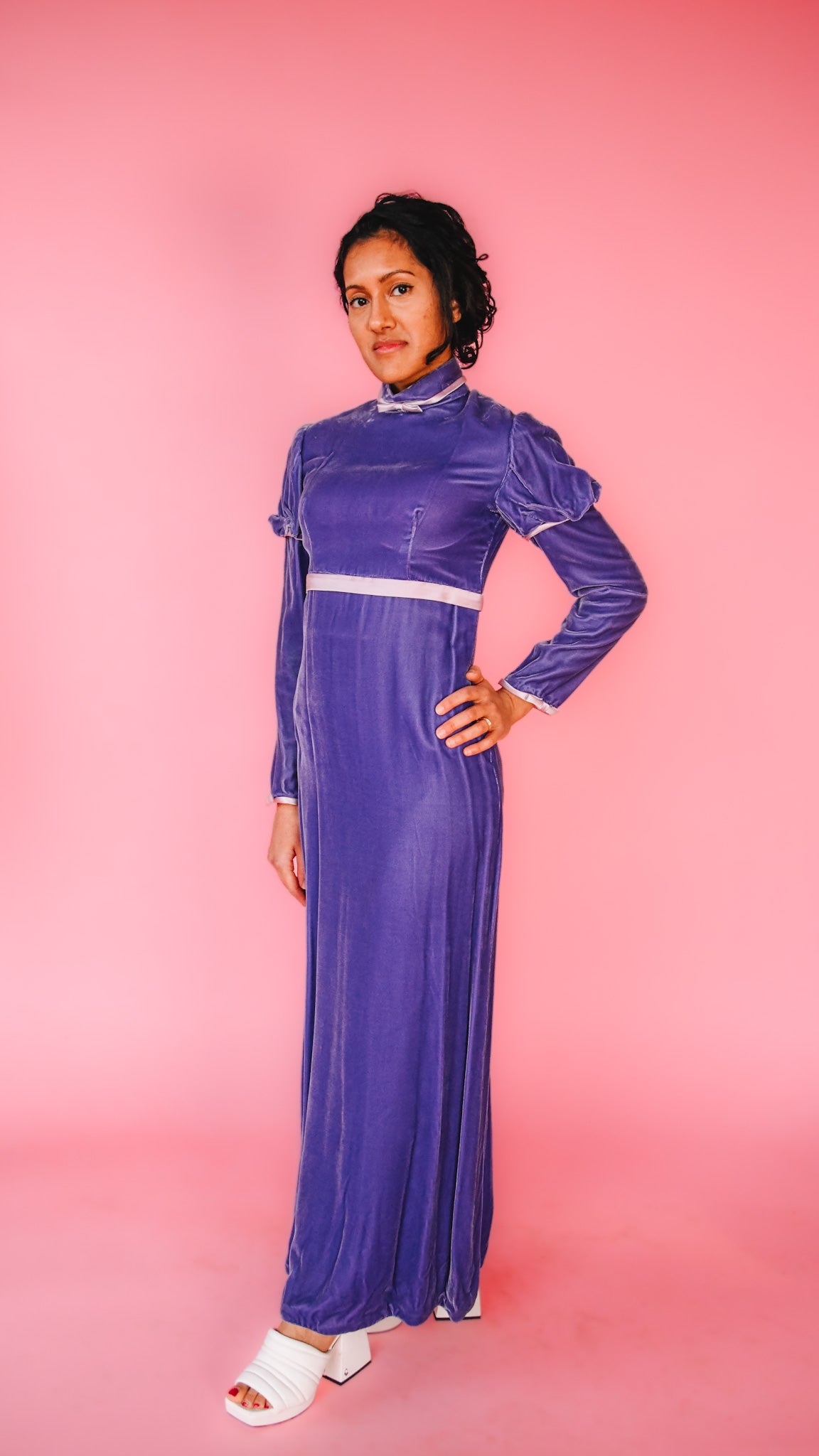 1970s Purple Velvet Edwardian-Style Dress, sz. XS 1970s Purple Velvet Edwardian-Style Dress, sz. XS