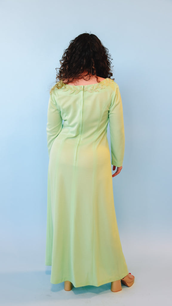 1970s Leafy Green Maxi Dress, sz. L