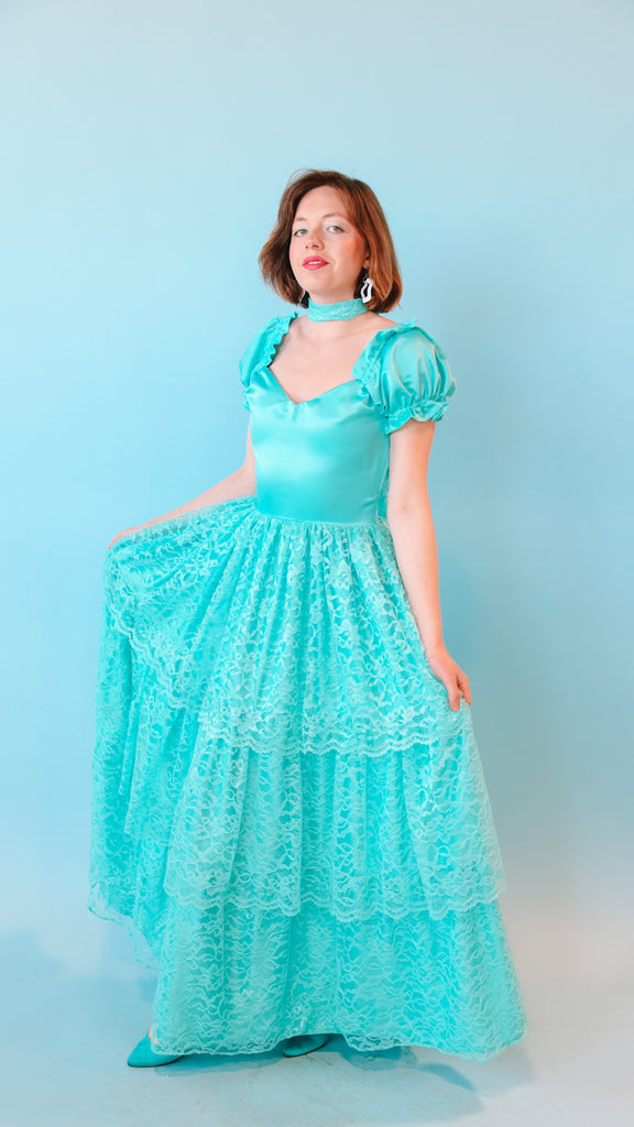 1980s Turquoise Tiered Lace Dress, sz. S/M