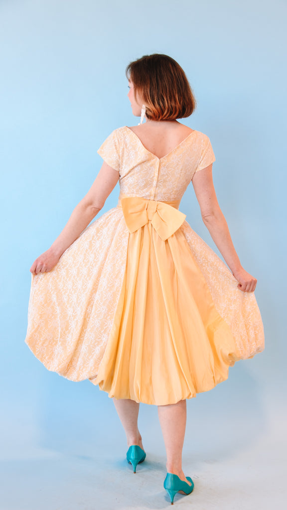 1950s Belle Yellow Lace A-Line Dress, sz. S