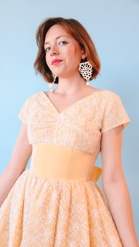 1950s Belle Yellow Lace A-Line Dress, sz. S
