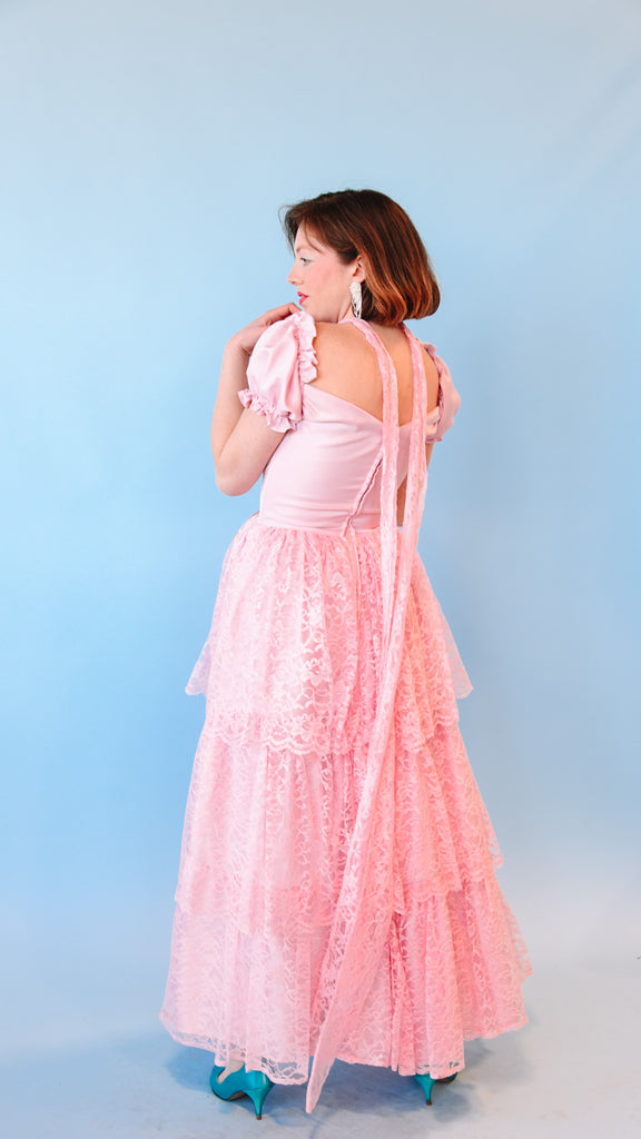 1980s Pink Tiered Lace Dress, sz. S/M