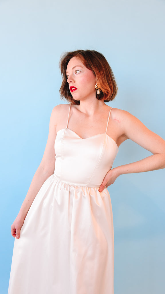 1970s White Satin Maxi Dress, sz. S