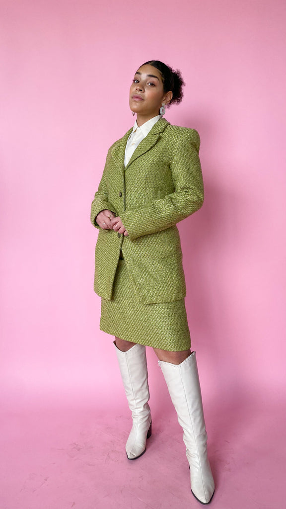1980s Green Shimmer Tweed Suit Set, sz. M