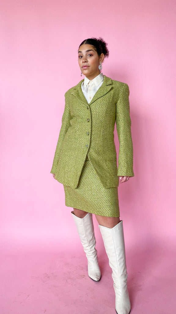 Lost Girls Vintage 1980s Green Shimmer Tweed Suit Set, Sz. M