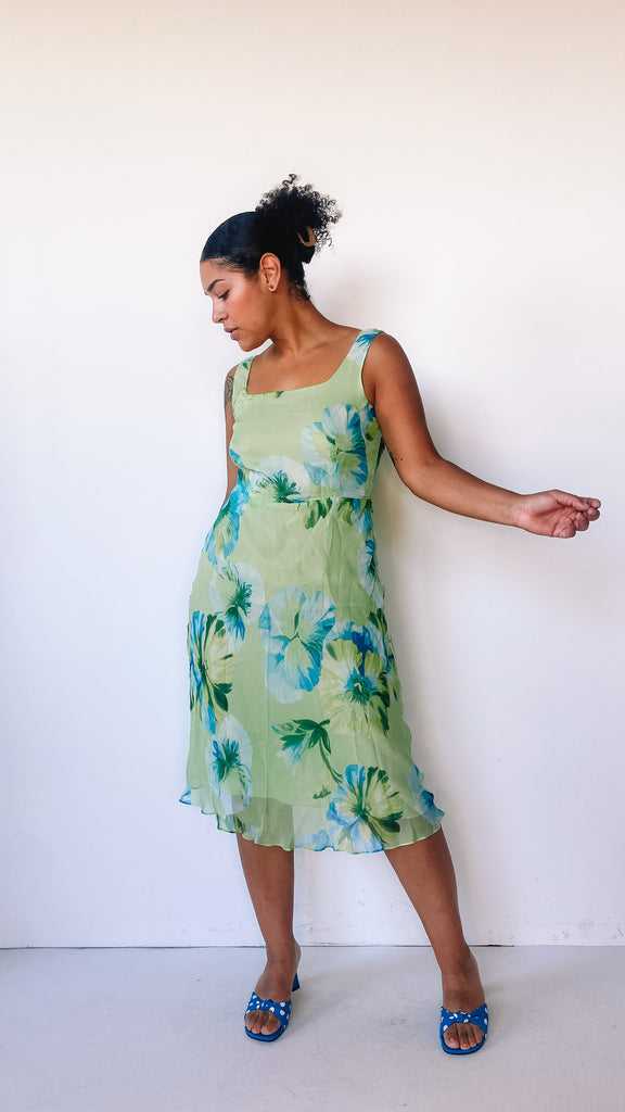 1990s Green Floral Silk Dress, sz. L