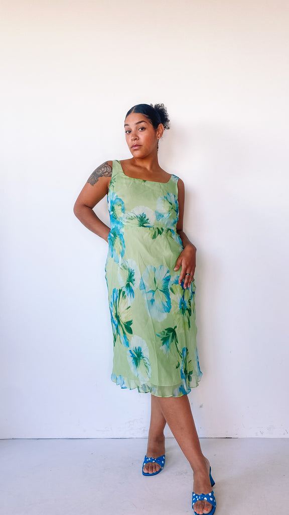 1990s Green Floral Silk Dress, sz. L