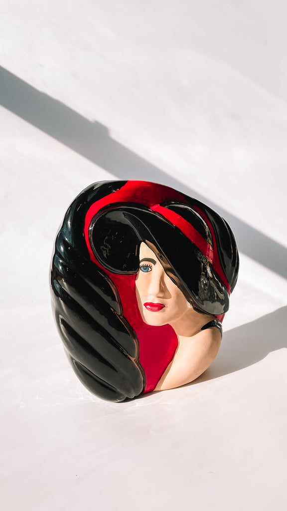 Red Woman in Black Hat Ceramic Vase