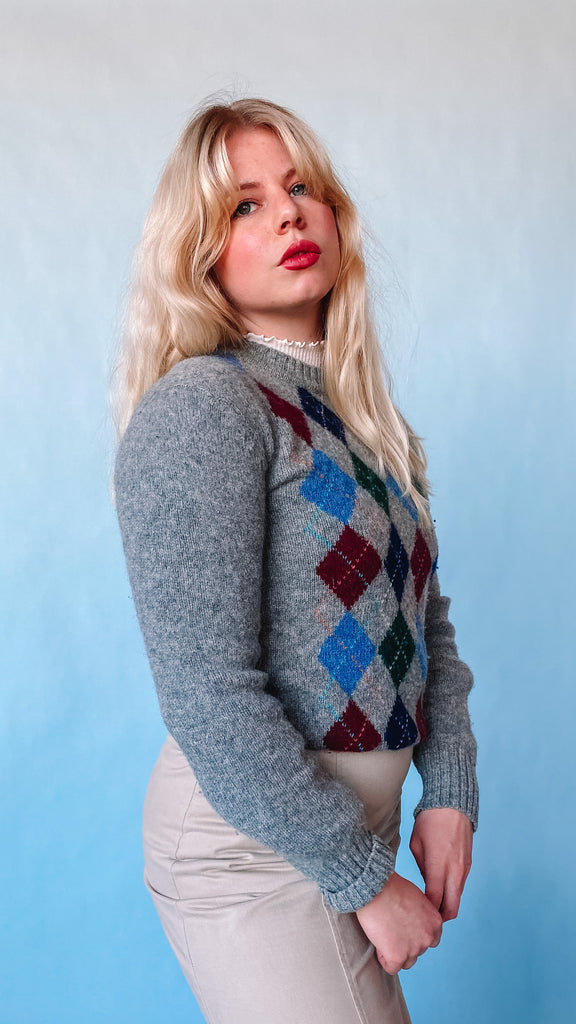1980s Gray Argyle Wool Sweater, sz. S