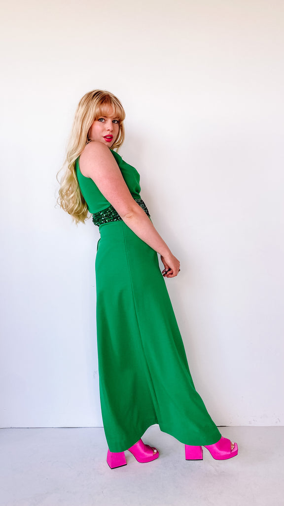 1960s Can't Dull My Sparkle Green Maxi Dress, sz. S/M