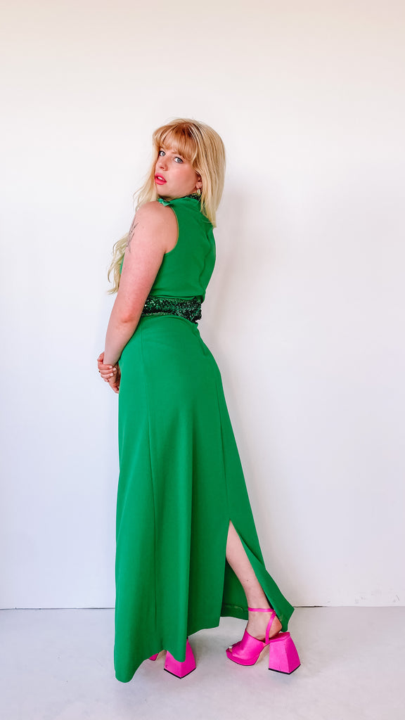 1960s Can't Dull My Sparkle Green Maxi Dress, sz. S/M