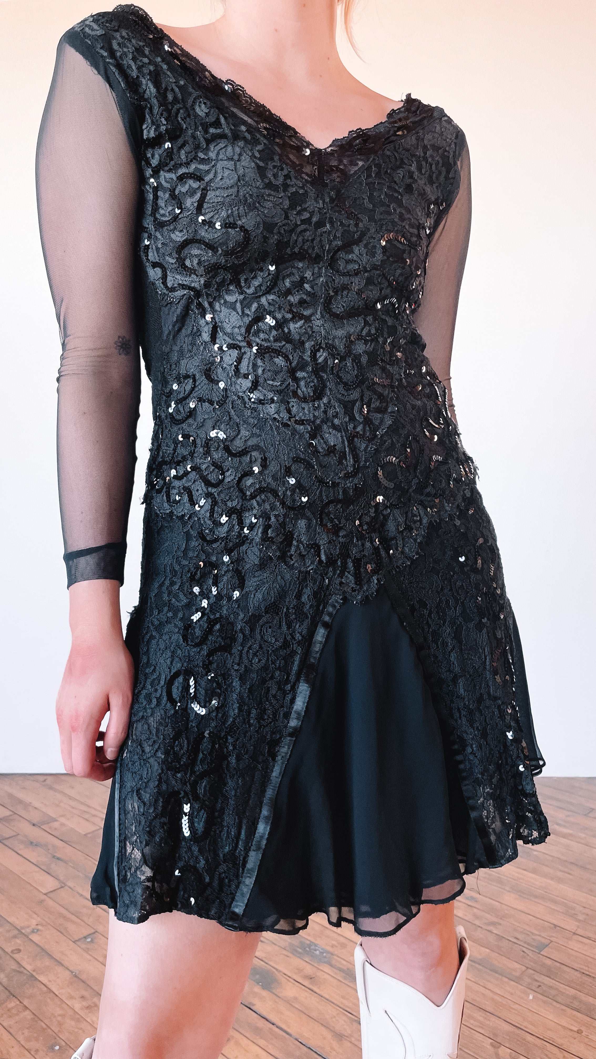 1980s Black Lace and Sequin Mini Dress, sz. S 1980s Black Lace and Sequin Mini Dress, sz. S