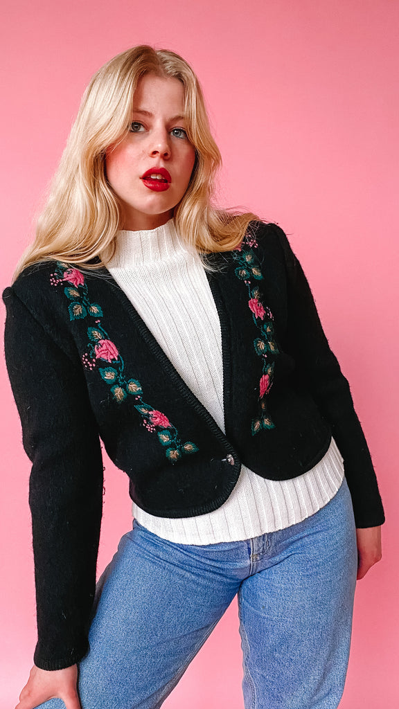 1980s Black Embroidered Sweater, sz. M/L