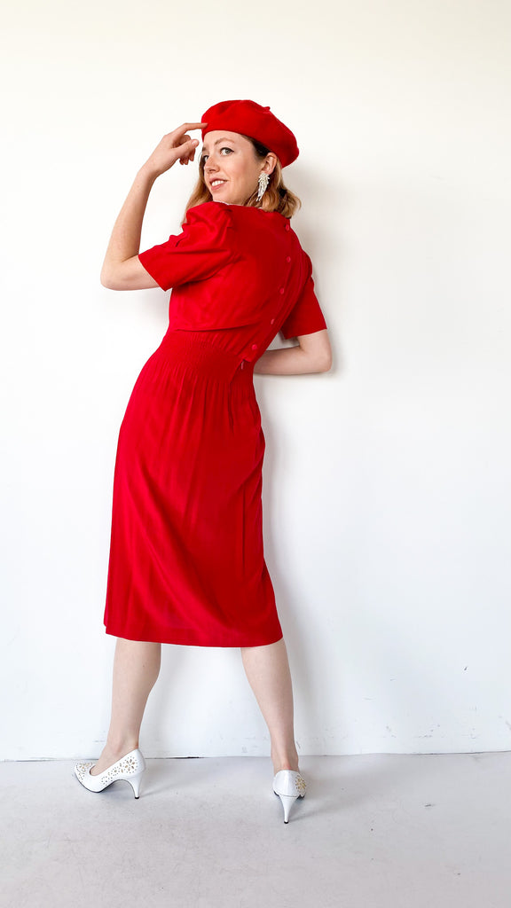 1980s Red Eyelet Collar Dress, sz. M