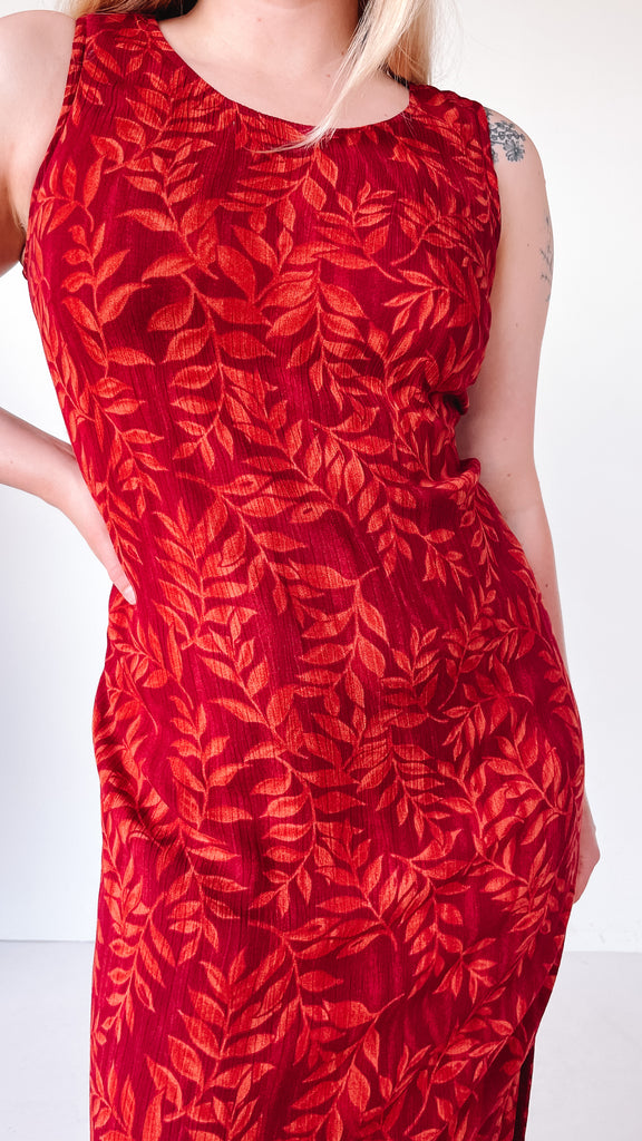 1990s Tropical Babe Hibiscus Red Midi Dress, sz. S