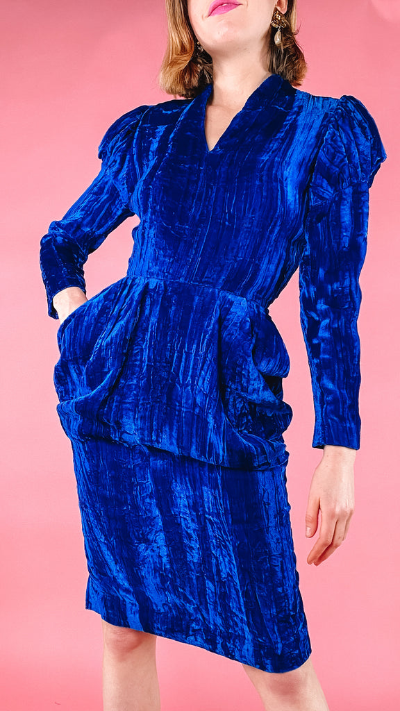 1980s Nicole Miller Blue Crushed Velvet Dress, sz. S/M