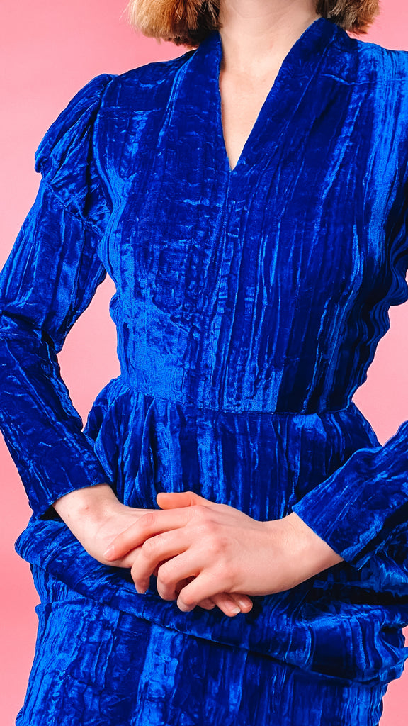 1980s Nicole Miller Blue Crushed Velvet Dress, sz. S/M