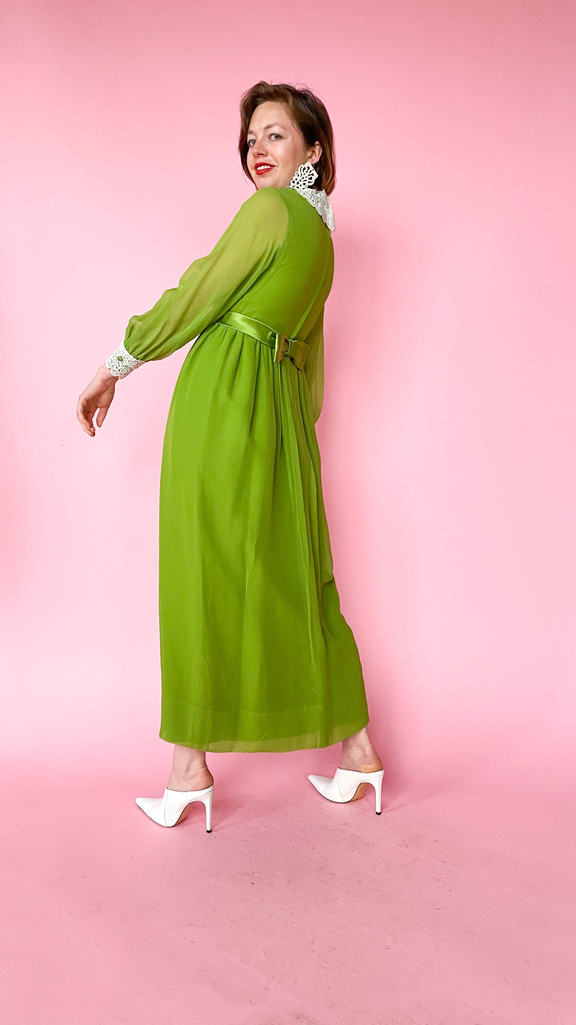1970s Green Lace Trim Maxi Dress, Sz. S 1970s Green Lace Trim Maxi Dress, Sz. S